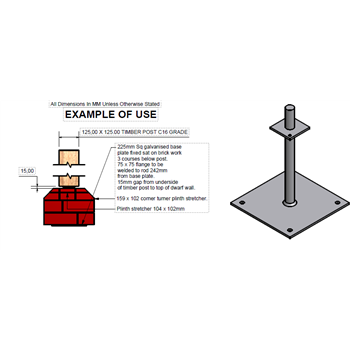 Galvanised post shoe- to be built in to brick course-Post sizes 100/125mm x 100/125mm- GSF-PIN-6