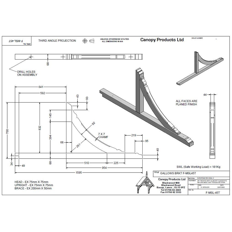 F-MSL-45-T Timber mono pitch porch Gallows Bracket 700mm projection