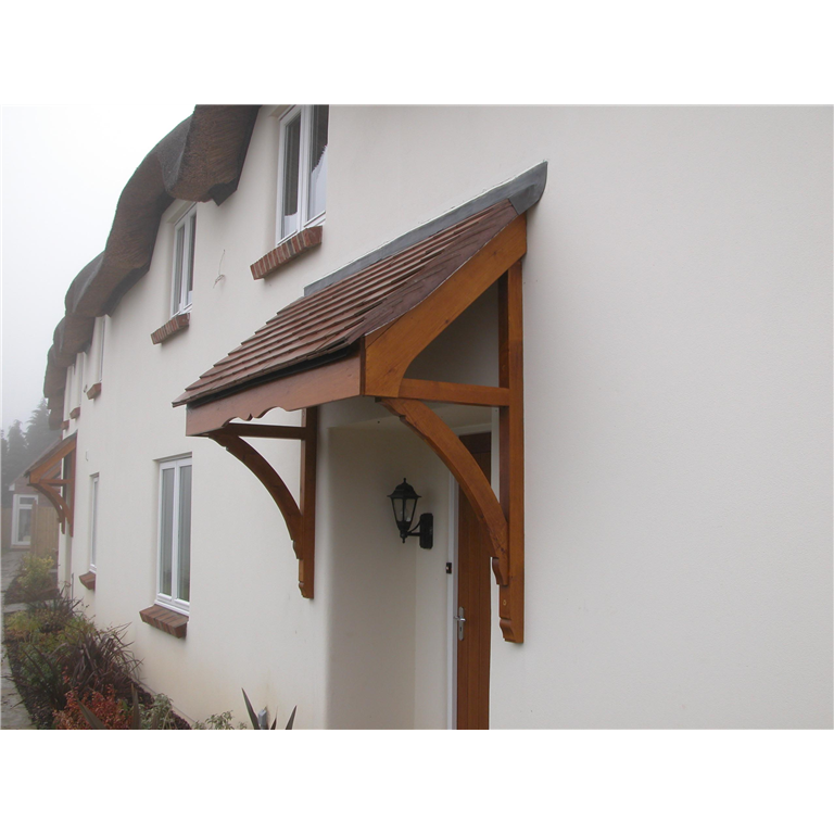 stained timber door canopy