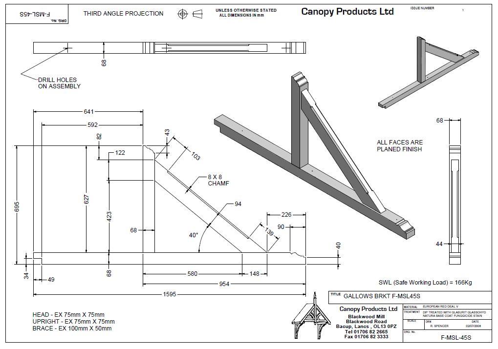 F-MSL-45-S Timber mono pitch porch Gallows Bracket 700 projection