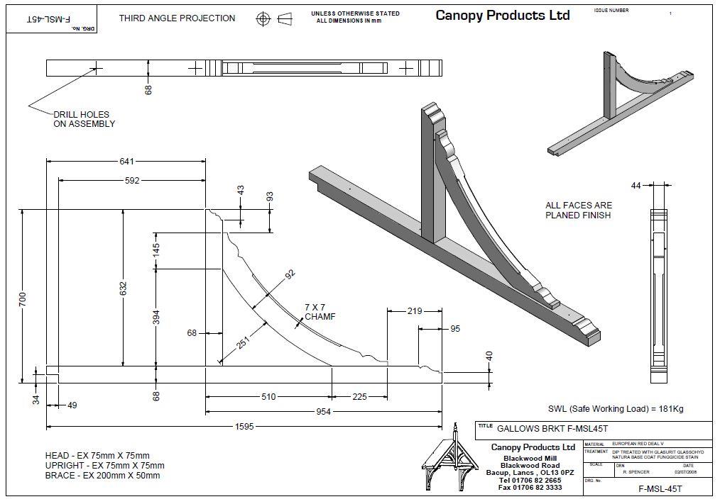 F-MSL-45-T Timber mono pitch porch Gallows Bracket 700mm projection