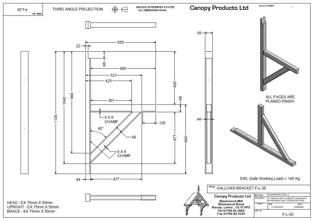 F-L30 Timber Mono pitched Gallows Bracket 650mm projection